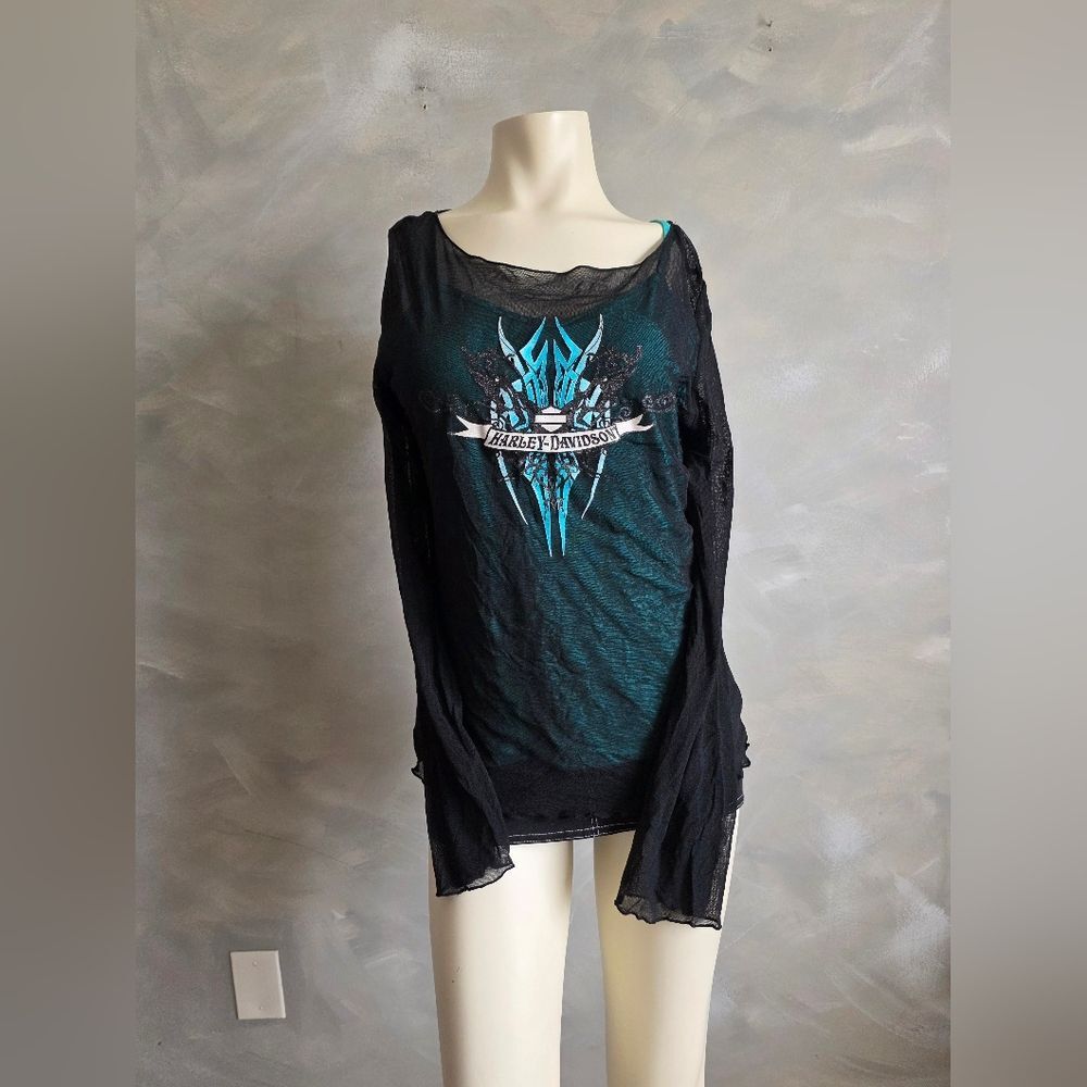 Vtg Harley-Davidson Black Sheer Mesh Turquoised Layered Long Sleeve Top L